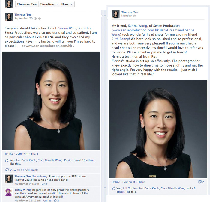 therese tee testimonials: everyone should take a head shot! Serina Wong's studio, Sense Production Group Ltd, were so professional and so patient. I am so particular about EVERYTHING and they exceeded my expectations! (Even my husband will tell you I am so hard to please!